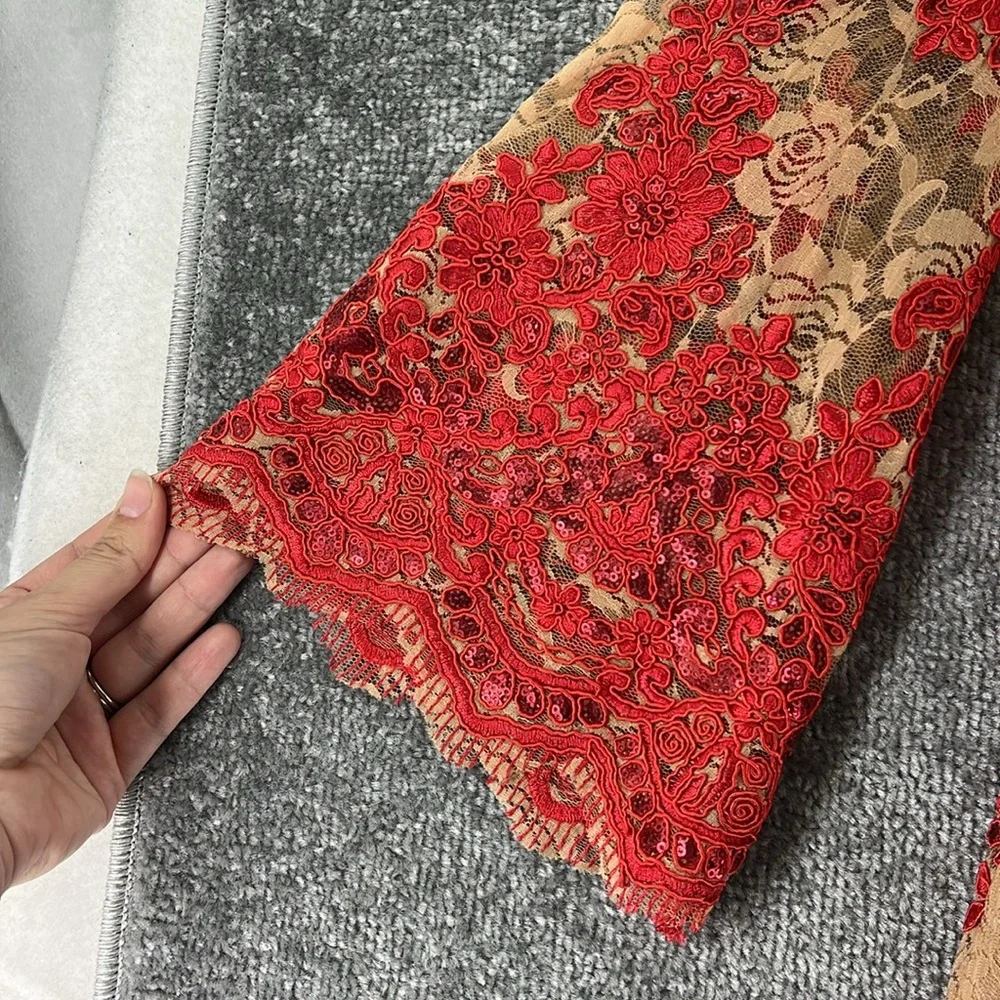 Dress The Population 3/4 Long Sleeve Above Knee Mini Dress Tan Red Lace Womens M - Picture 5 of 12